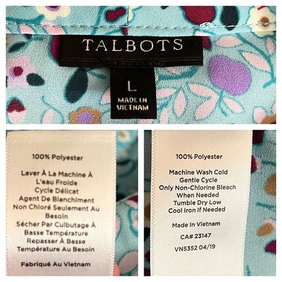 Talbots Tie Neck Top Blouse Short Sleeves Blue Multi Floral Women’s Size Large - Picture 10 of 11